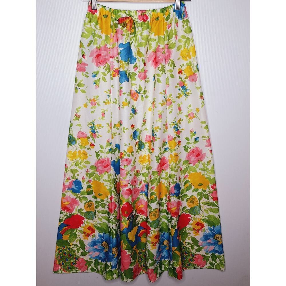 Vintage 70s Adelaar Floral Botanical Maxi Skirt Boho Colorful Peacocks Butterfly - Picture 6 of 9